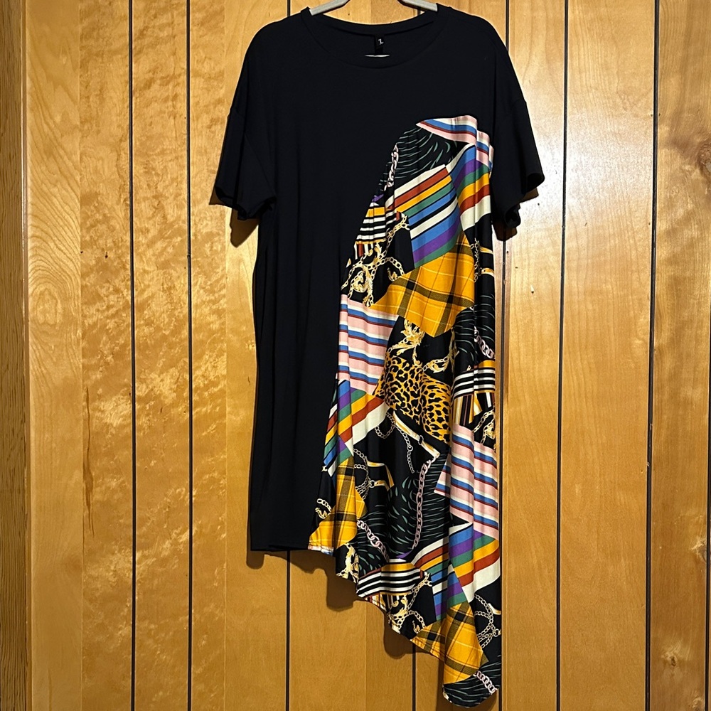 Elegant Asymmetrical Black Dress with Vibrant Patterns